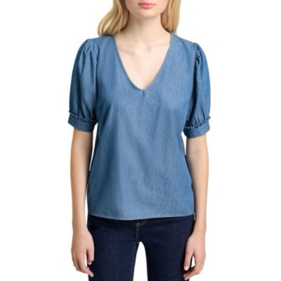 NWT Draper James 100% Cotton Chambray V Neck Puff Sleeve Blouse - Picture 3 of 7